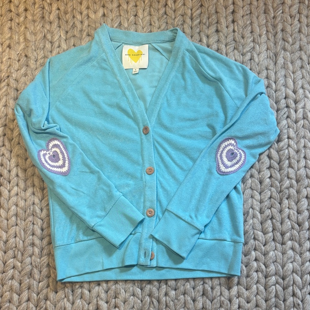 Kerri Rosenthal terry Blue Cardigan with Heart Elbow Patches size S
